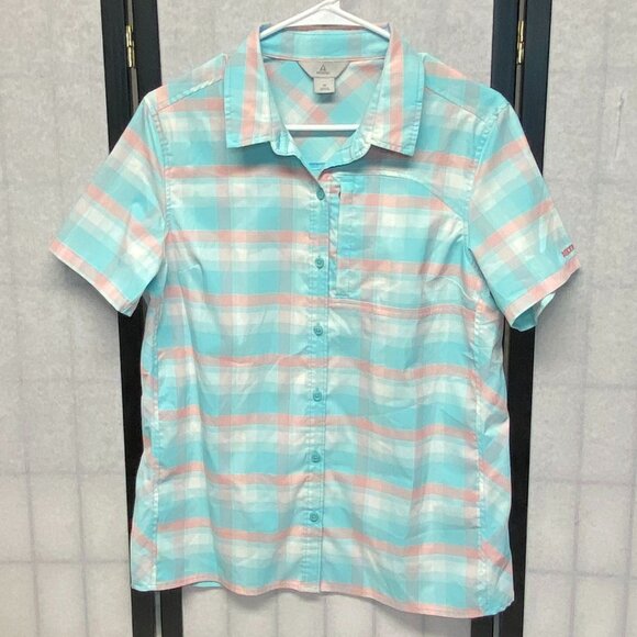 Ascend Short Sleeve Button Up Activewear Hike Camp Shirt Aqua Peach Plaid NWOT M - Picture 1 of 12